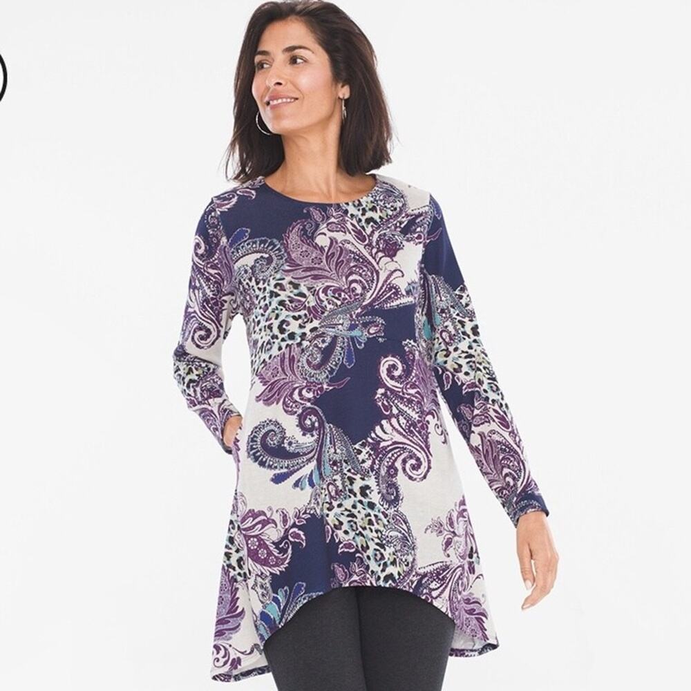 Chicos Asymmetrical Paisley Print Button-Back Lightweight Tunic sz L 2 pockets